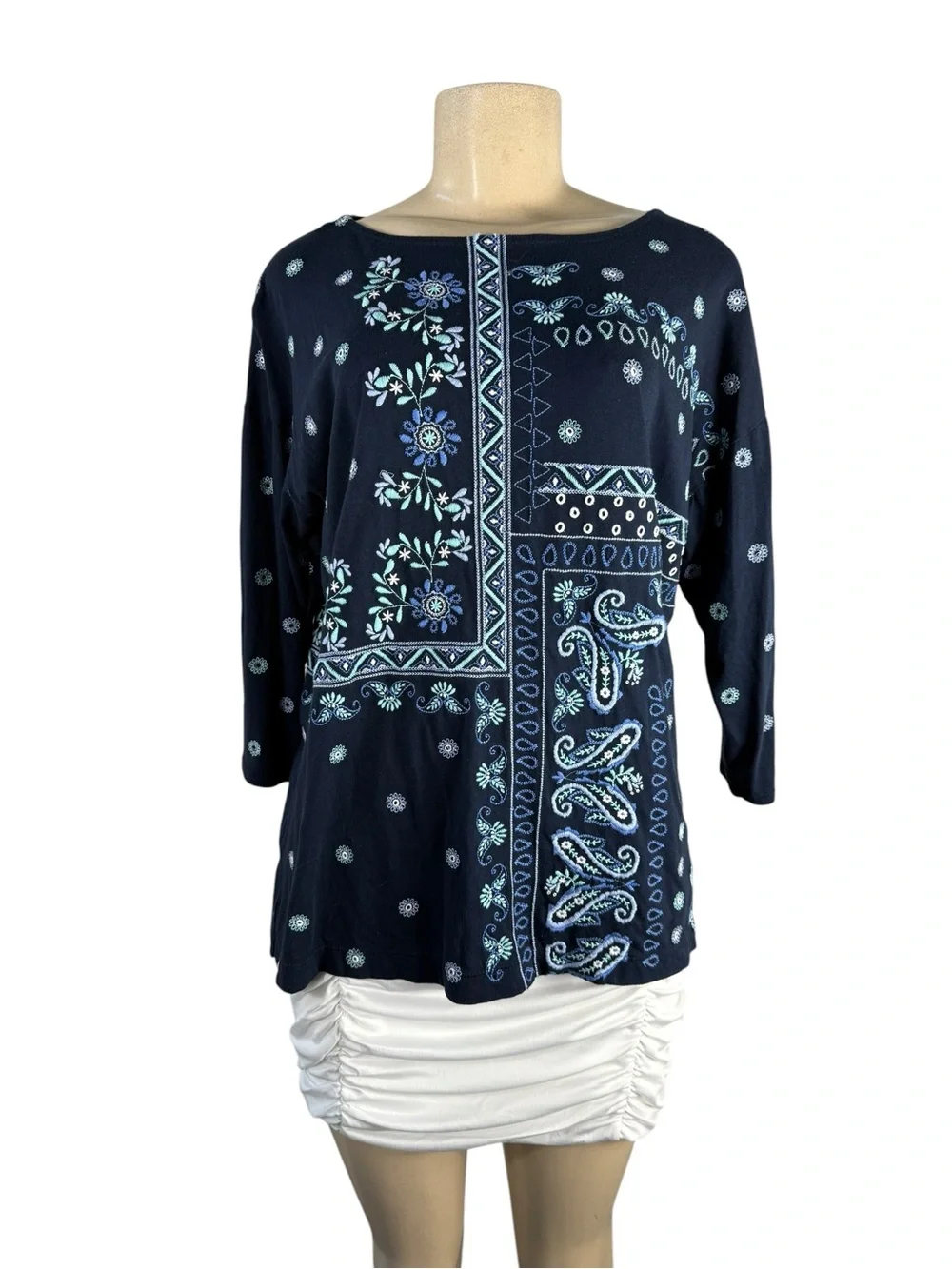 J.JILL Navy Floral Patchwork Boatneck Cotton Women's Top Size Medium